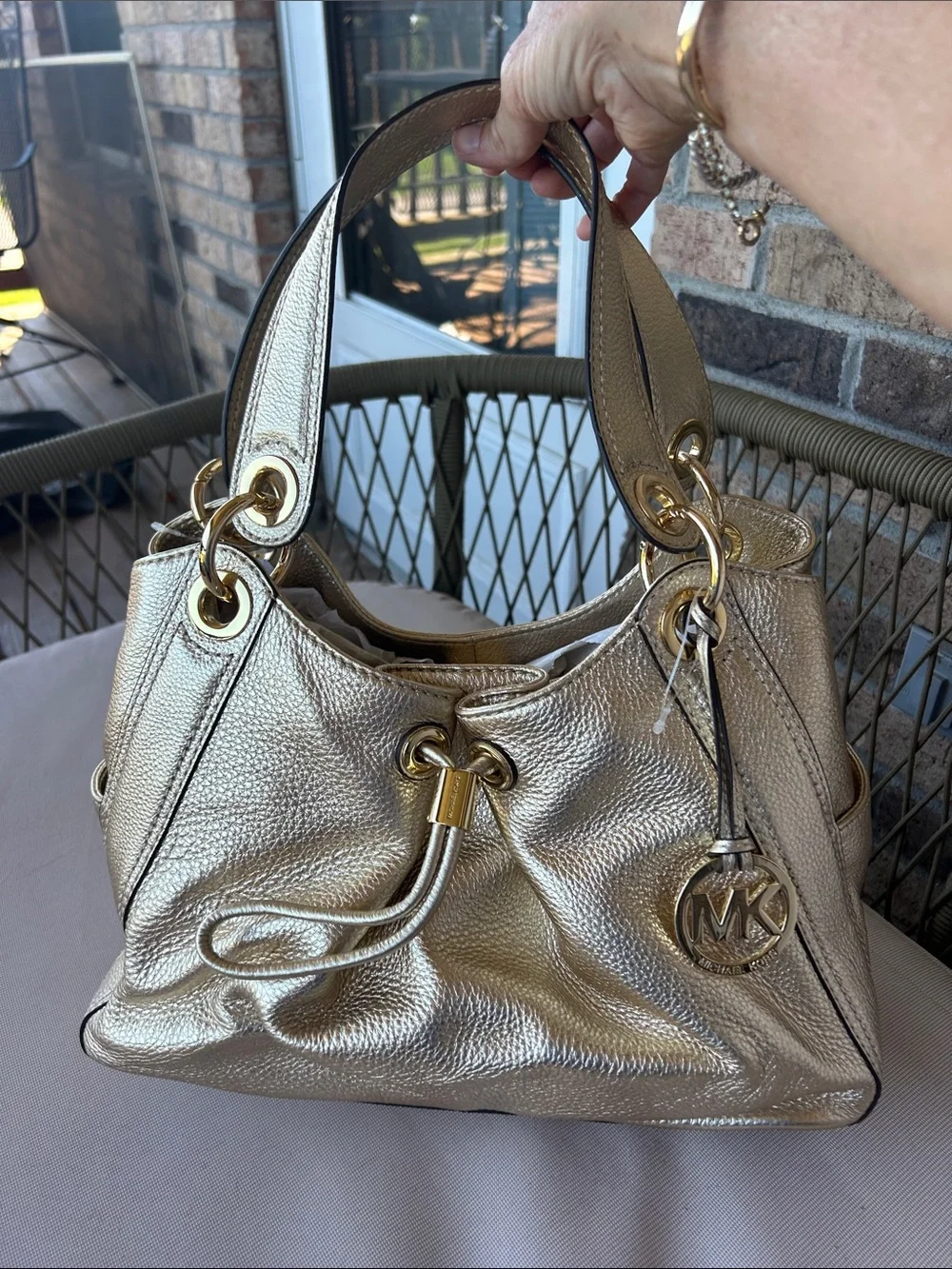 Michael Kors Metallic Gold Pebbled Leather Drawstring Shoulder Bag
